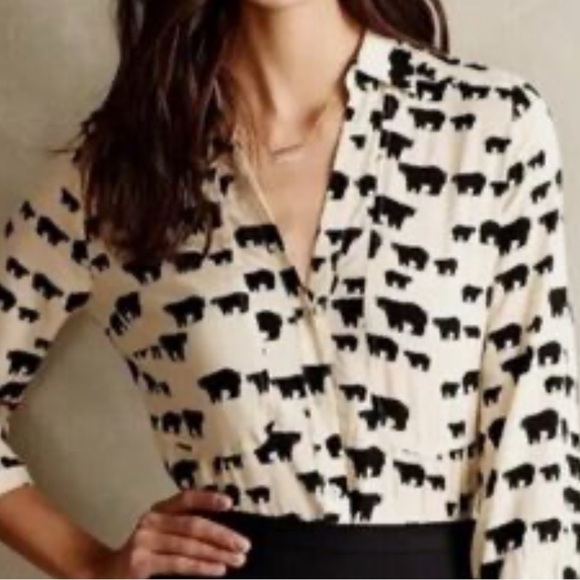 Maeve by Anthropologie Woodland Walk Black and Cream 3/4 Sleeve Blouse - Picture 1 of 10
